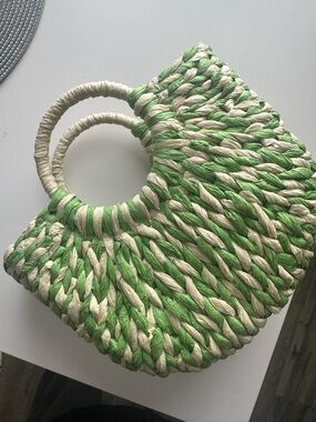 Green and Cream Woven Straw Tote Bag